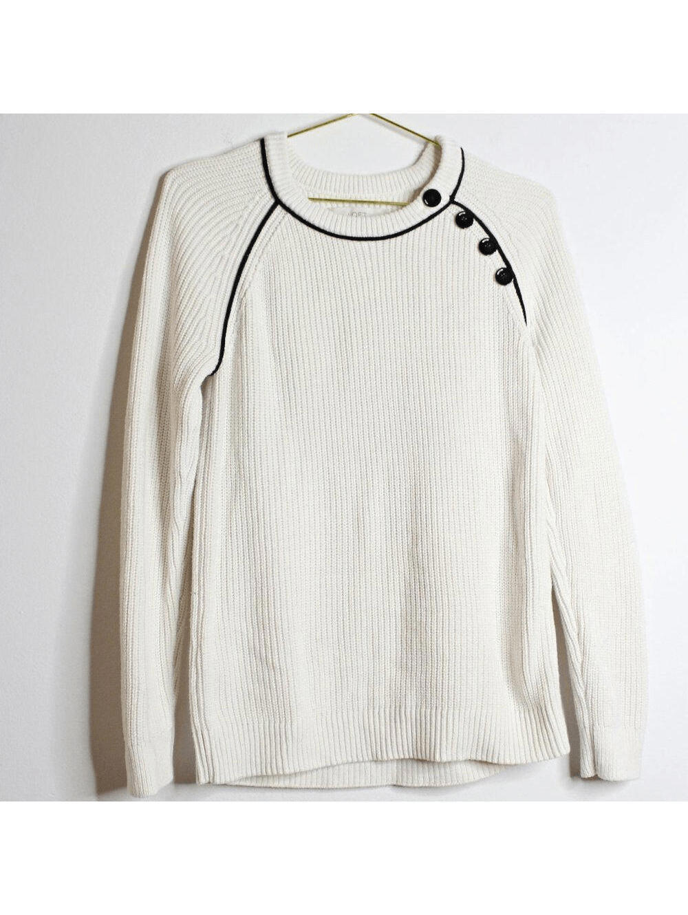 LOFT Cream Knit Crew Neck Sweater with Button & Piping Detail - M